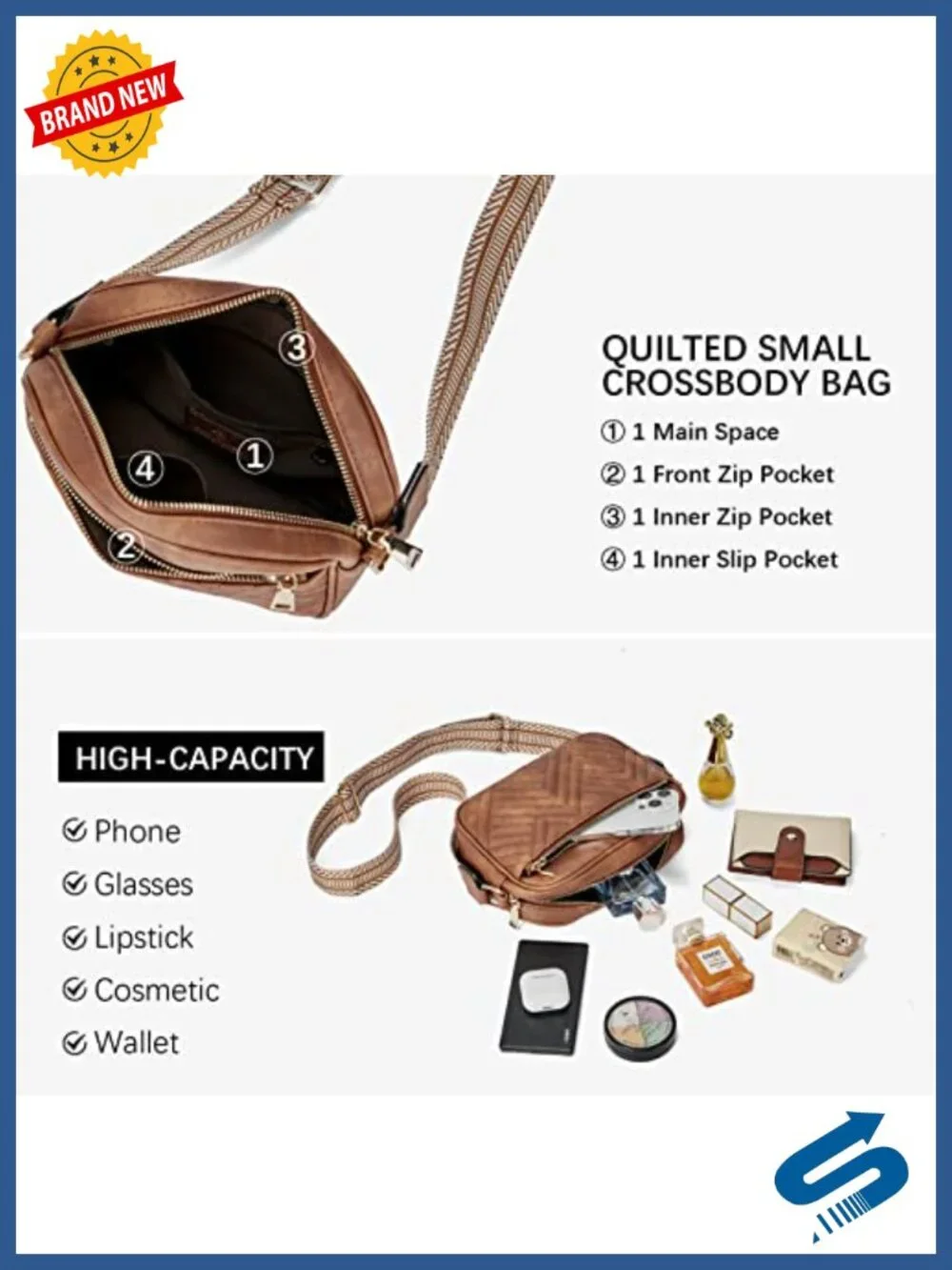 Quilted Vegan Leather Crossbody Bag with Wide Adjustable Strap